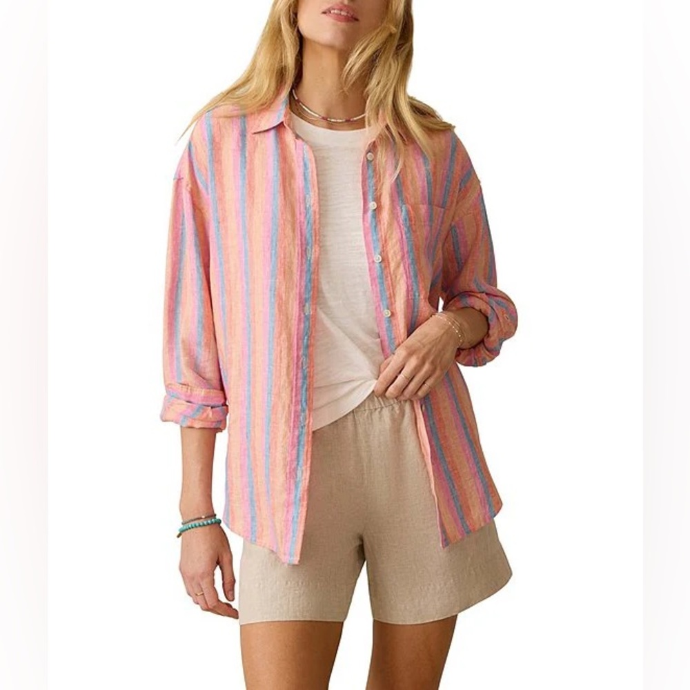 NWT Faherty Laguna Coordinating Linen Striped Button Down Collar Shirt Sz M